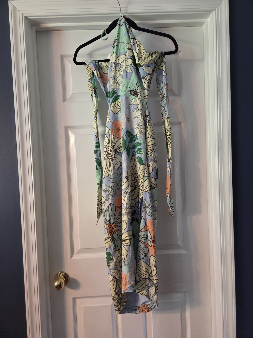 Lulu's One-Shoulder Floral Midi Dress in Light Blue, Peach & Green